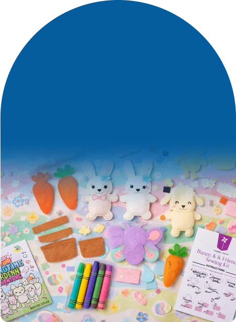 Felt, stuffing, needle, thread, a coloring book, and crayons, all in one box