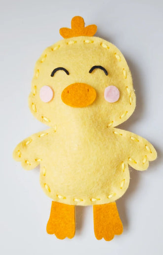 Finished yellow felt chick plushie from the Bunny and Friends Sewing Kit