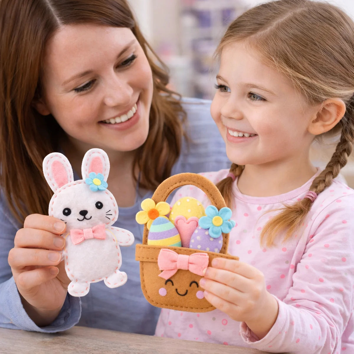 Mother and daughter smiling over a felt bunny and egg basket they sewed together