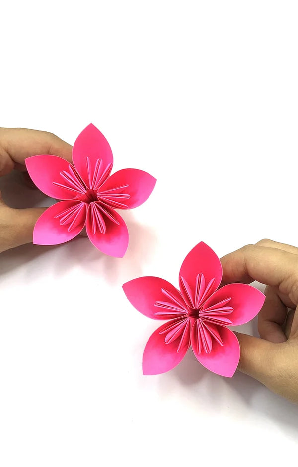 Two hands each holding a bright pink five-petal folded paper flower against a white background