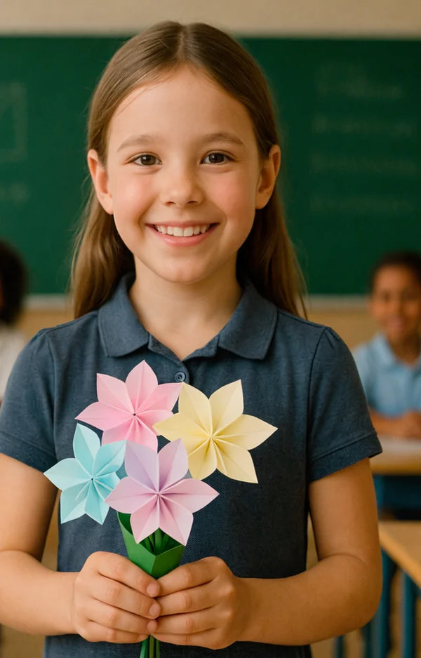 A smiling girl in a classroom holding a bouquet of pastel pink, yellow and blue paper flowers