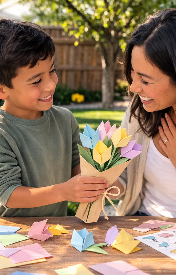 A boy giving his smiling mother a wrapped bouquet of pastel paper tulips at an outdoor table