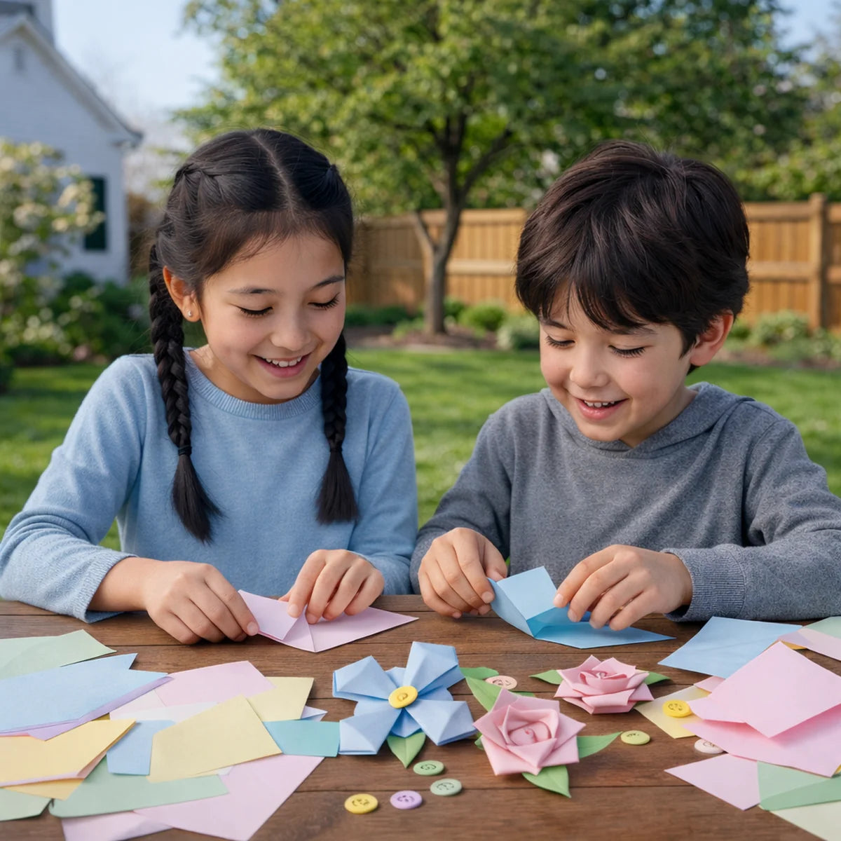 Two smiling kids folding pastel paper flowers together at an outdoor table covered in colored paper
