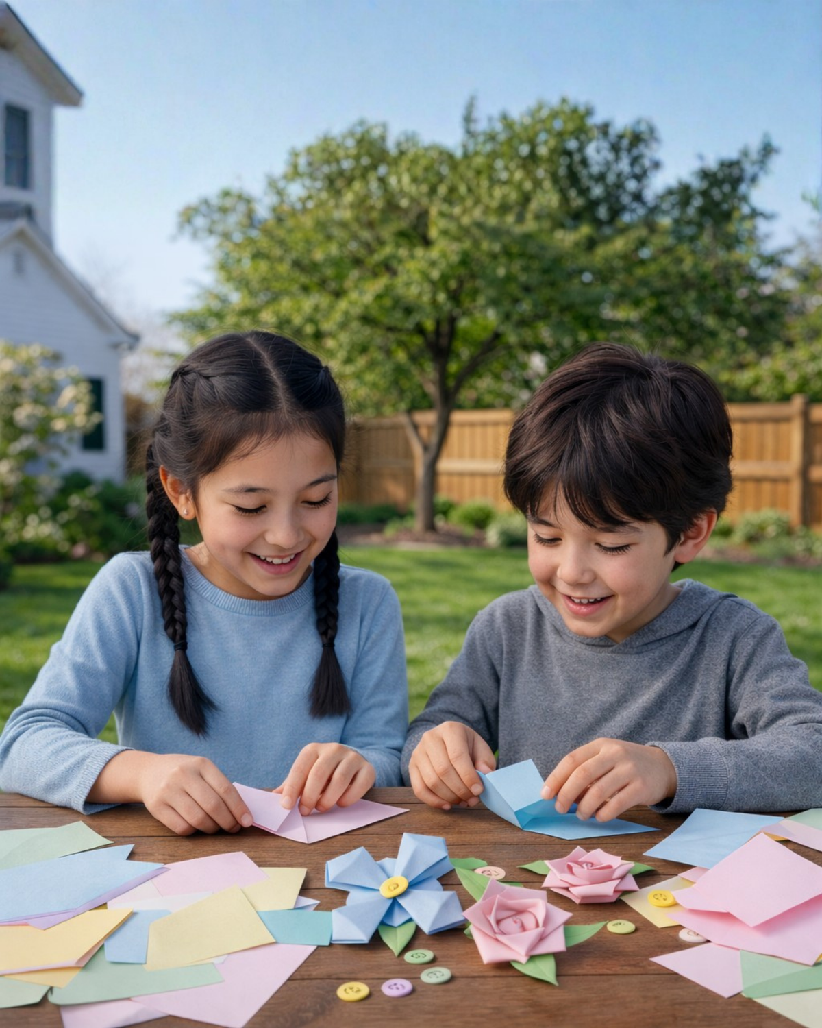 Two children working on an origami craft kit with instructions outdoors on a sunny day.