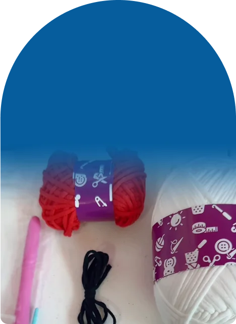Pre-started yarn, hook, needle, lashed eyes, and stuffing, all in one bag