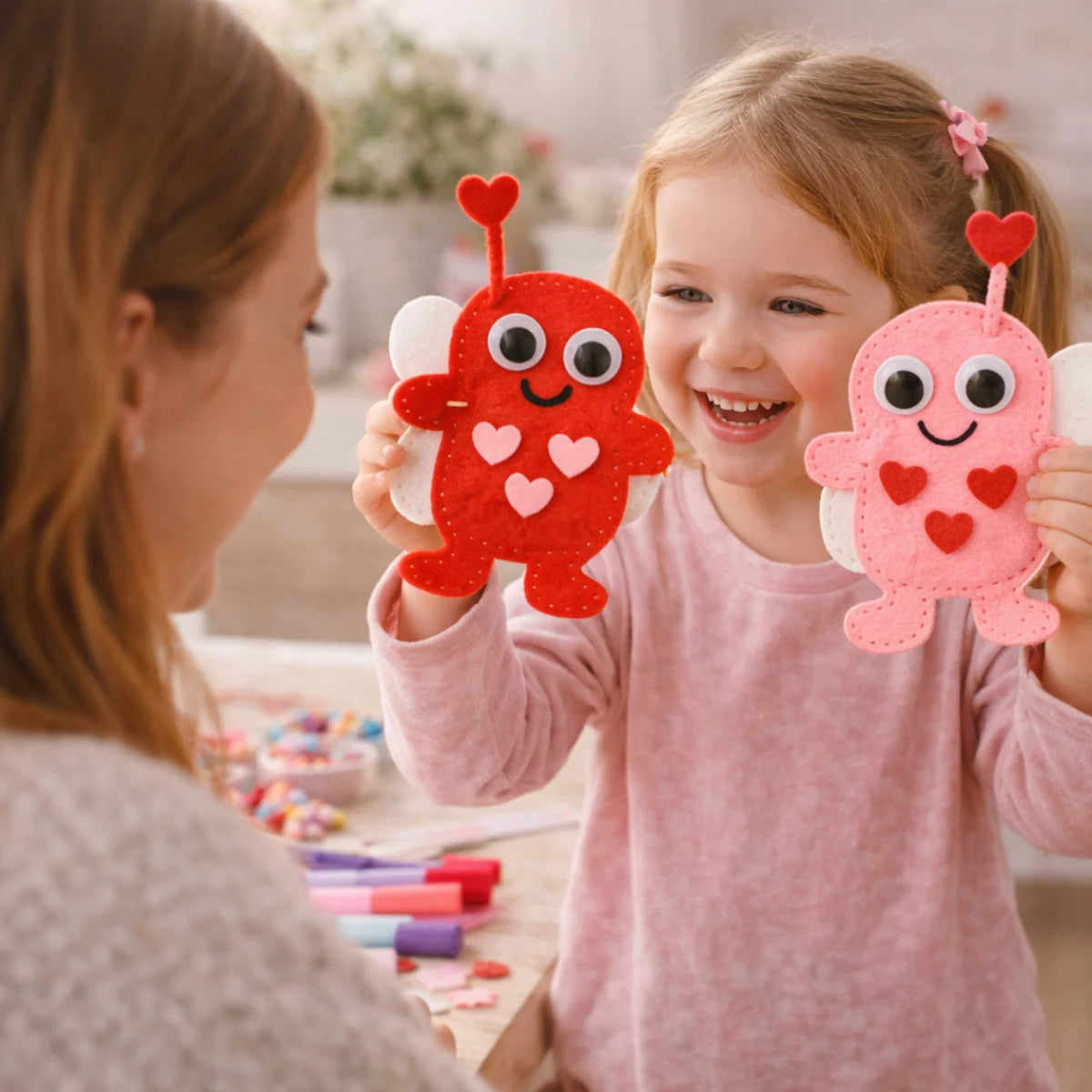 Girl laughing as she holds up both of her finished felt love bugs