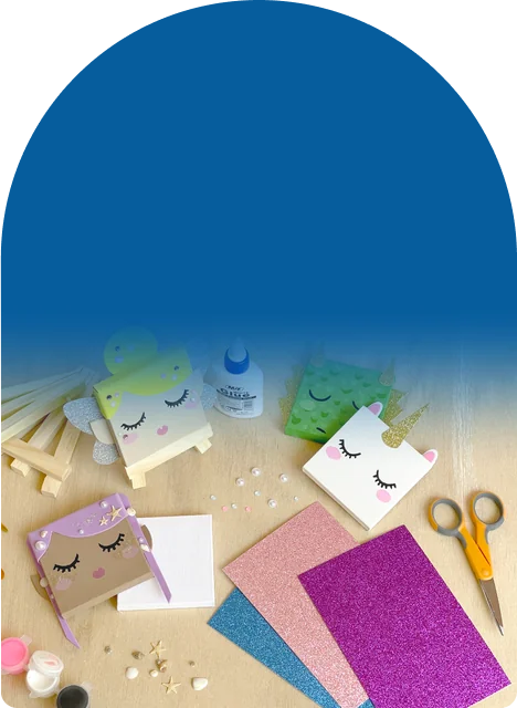 Canvases, easels, paint, brushes, foam, glitter card, gems, and glue, all in one box
