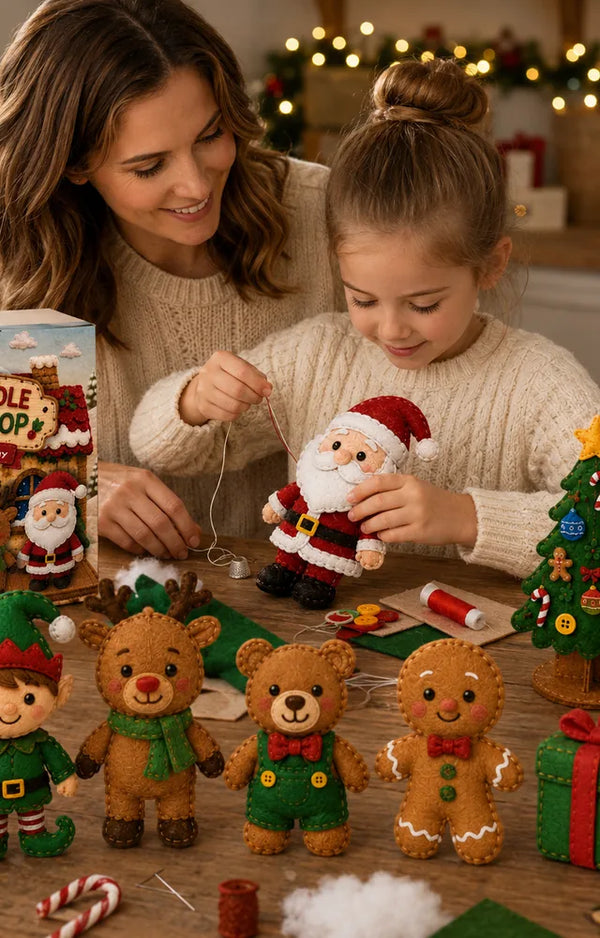 Mother and daughter sewing felt Santa together with finished holiday plush characters on the table