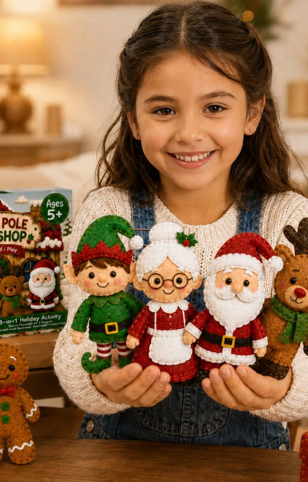 Smiling girl holding her felt elf, Mrs. Claus, Santa and reindeer from the North Pole sewing kit