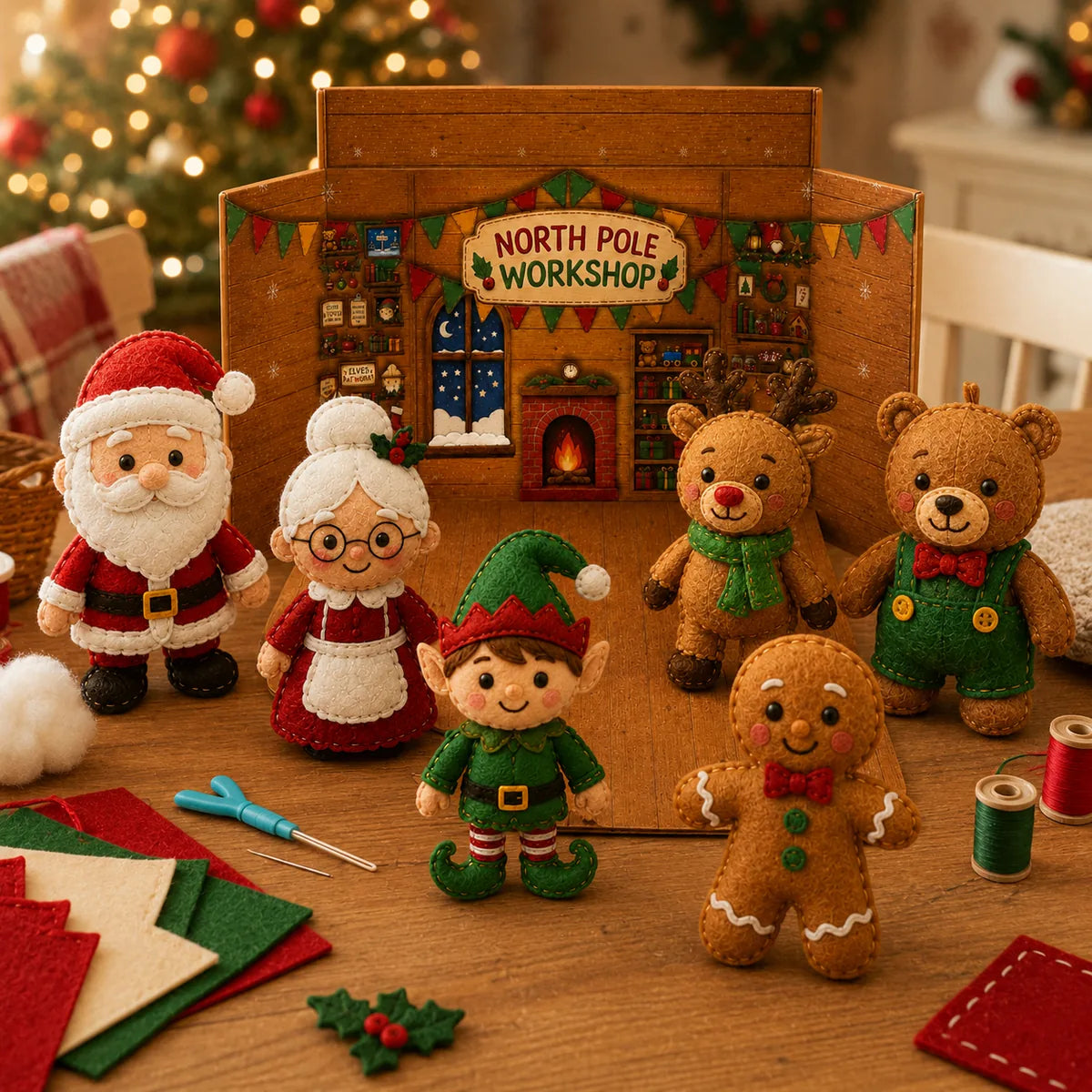 Felt Santa, Mrs. Claus, elf, reindeer, teddy bear and gingerbread man in the North Pole Workshop with sewing supplies