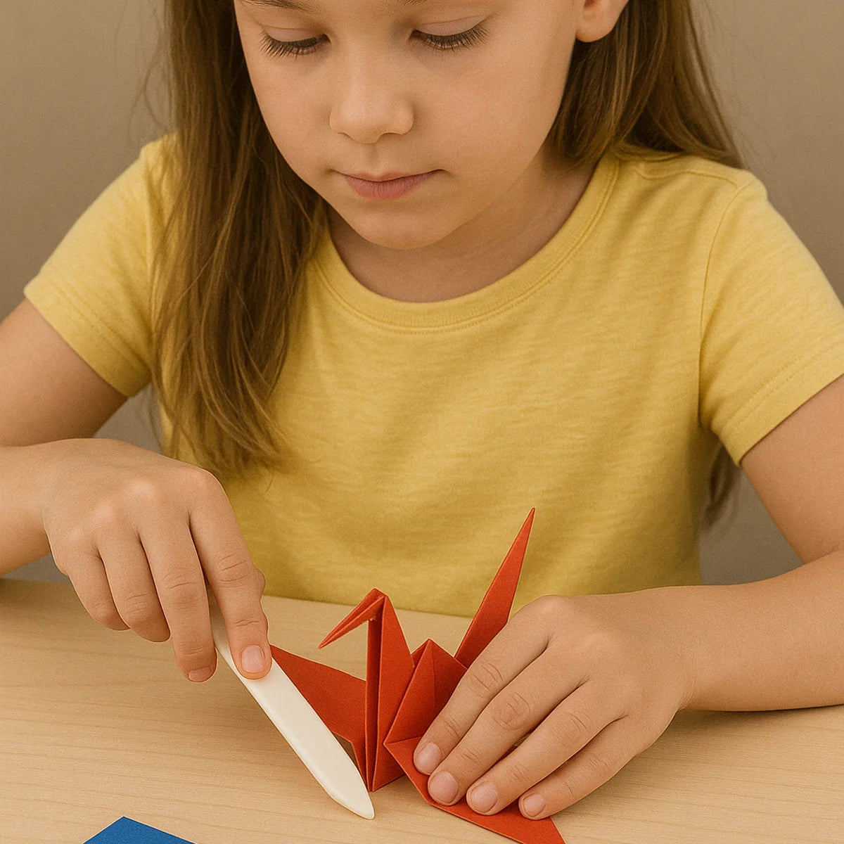A girl in a yellow shirt looking down as she creases a red paper crane with a white bone folder