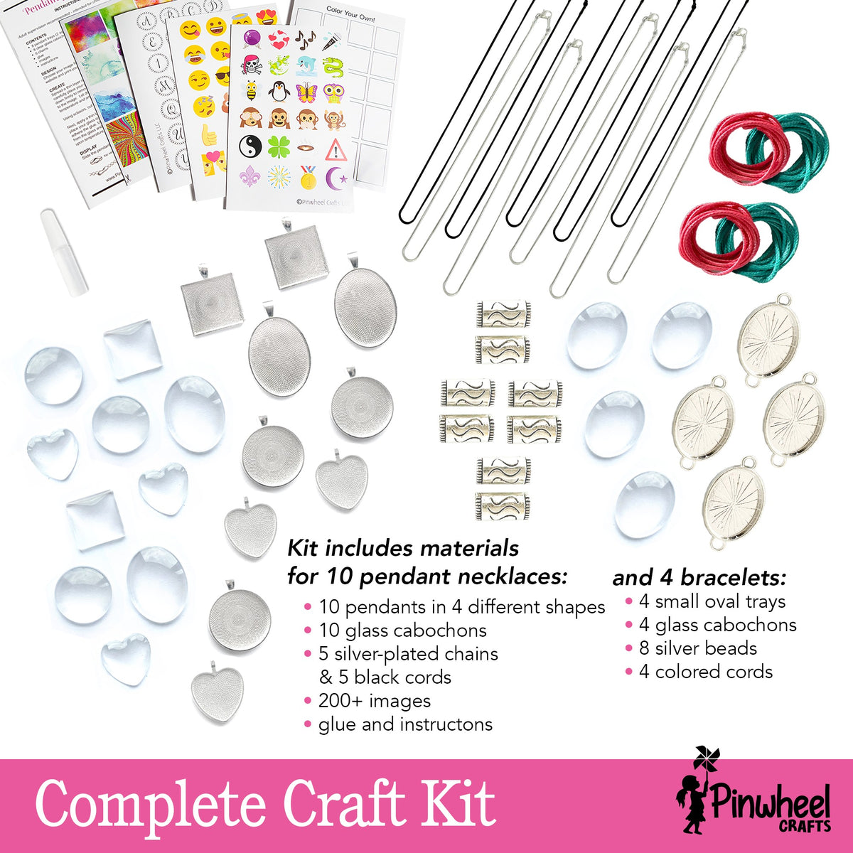 Pendant Jewelry Kit contents: 10 pendants in 4 shapes, glass cabochons, chains, cords, bracelet trays, beads, 200+ images