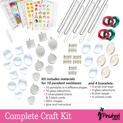 Pendant Jewelry Kit contents: 10 pendants in 4 shapes, glass cabochons, chains, cords, bracelet trays, beads, 200+ images
