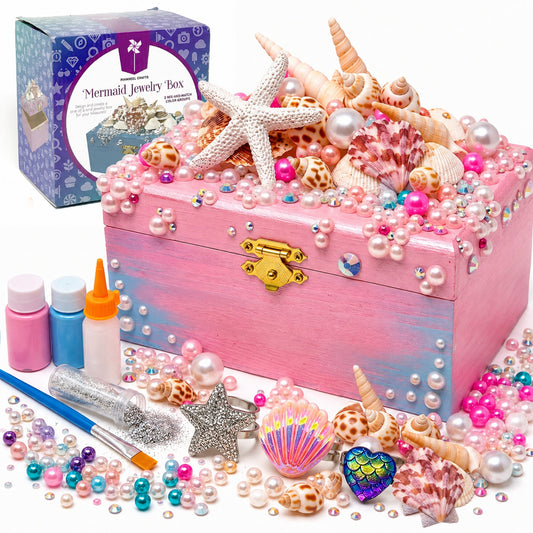 Mermaid jewelry box kit for girls with crystals, pearls and seashells