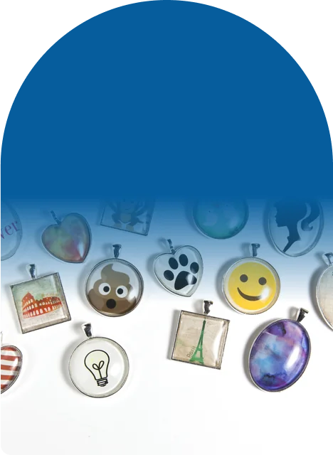 Pendants, glass, chains, cords, designs, and glue, all in one box