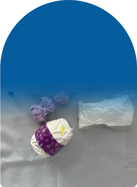 Pre-started yarn, hook, safety eyes, stuffing, and a storage bag in one kit