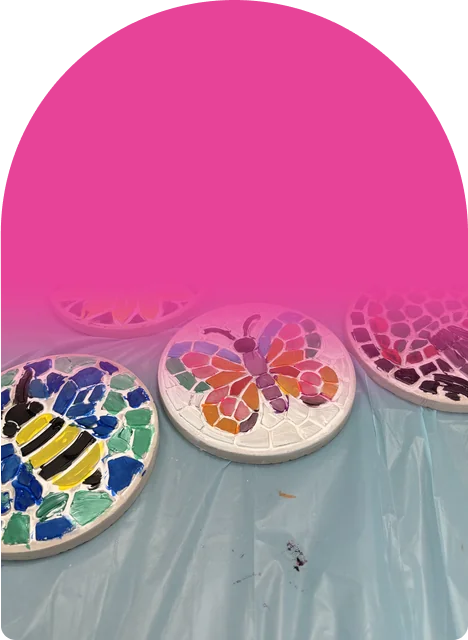 Five preprinted mosaic designs, from a buzzing bee to a bright rainbow