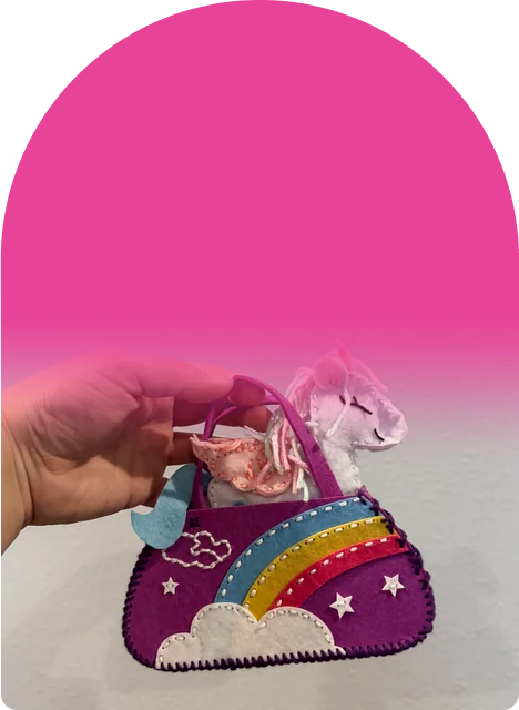 A plush unicorn plus a rainbow purse to carry it in, both sewn by your child