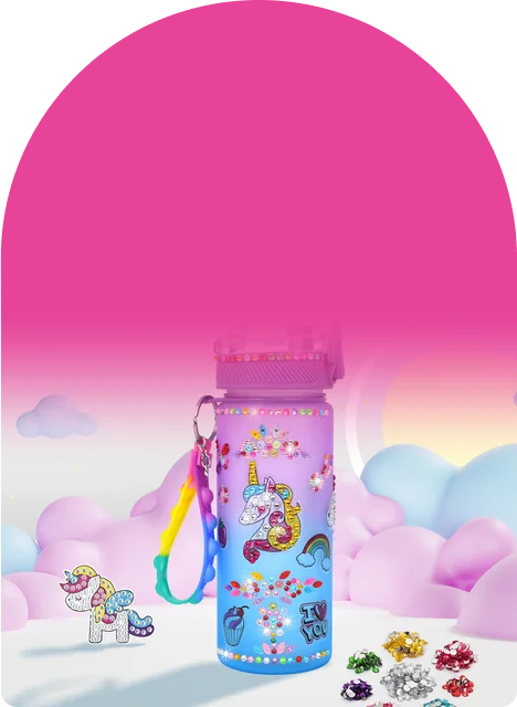 A finished bottle that sparkles with gems, rainbows, and sweets