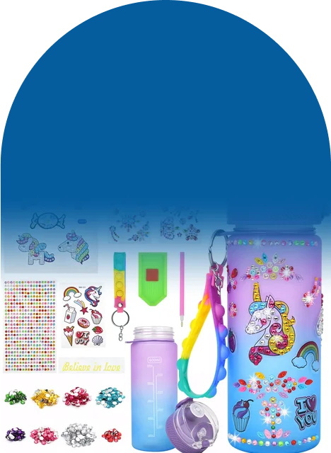 Bottle, stickers, gems, pen, tray, and strap, all in one box
