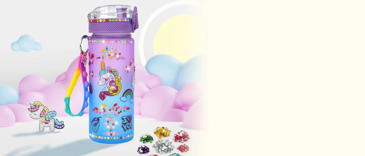 Decorated unicorn water bottle with a rainbow strap among pastel clouds, with gem piles beside it