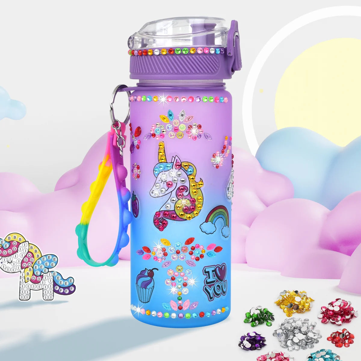 Finished unicorn water bottle with a bubble-pop strap standing among pastel clouds