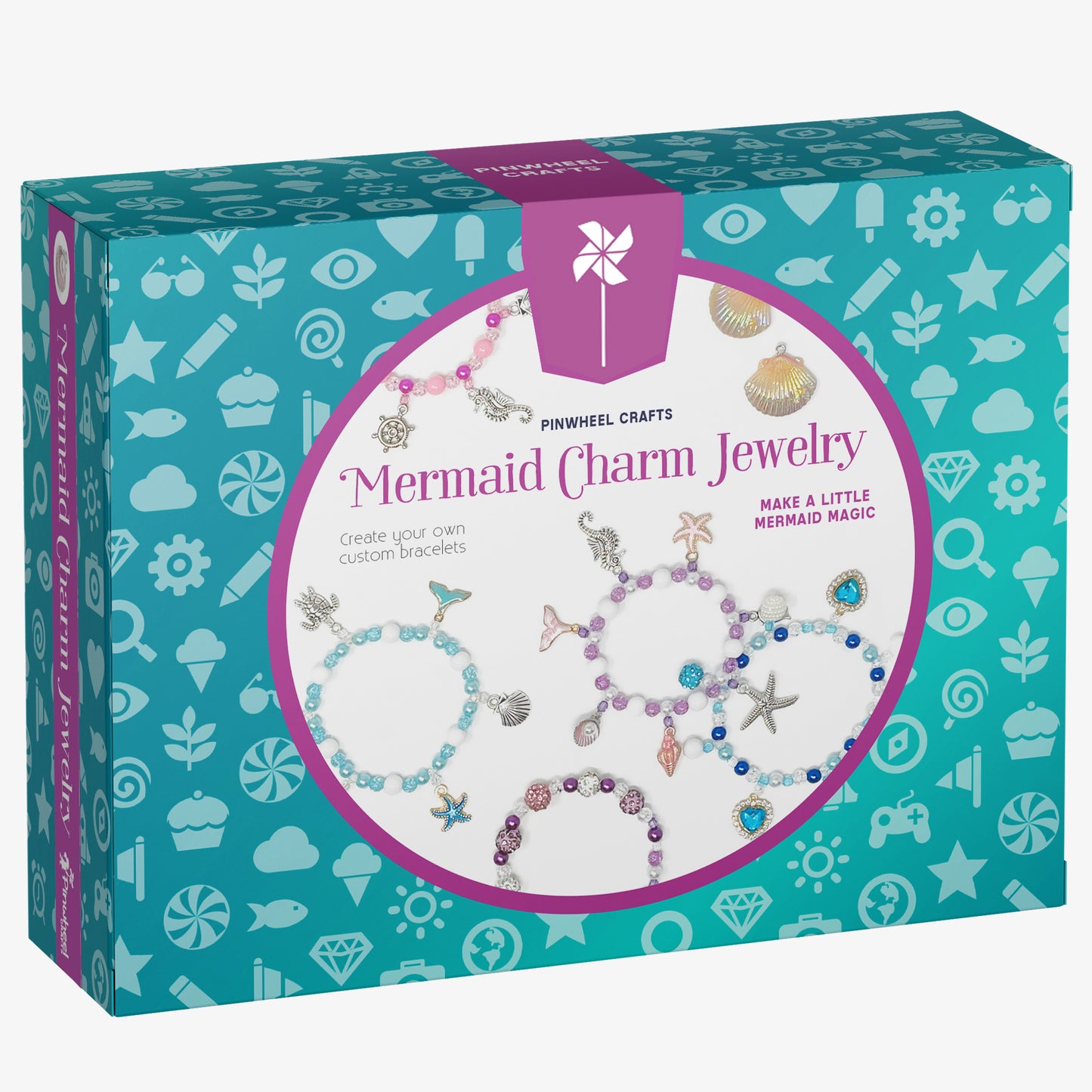 Mermaid Charm Jewelry Kit box from Pinwheel Crafts, showing finished mermaid charm bracelets on the front
