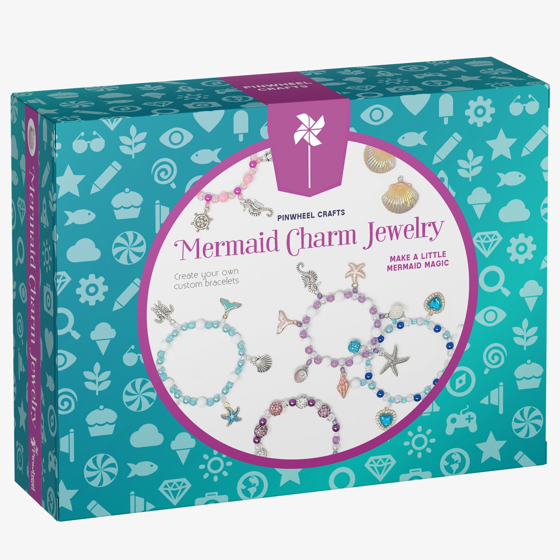 Mermaid Charm Jewelry Kit box from Pinwheel Crafts, showing finished mermaid charm bracelets on the front
