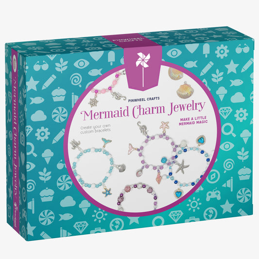 Mermaid Charm Jewelry Kit box from Pinwheel Crafts, showing finished mermaid charm bracelets on the front