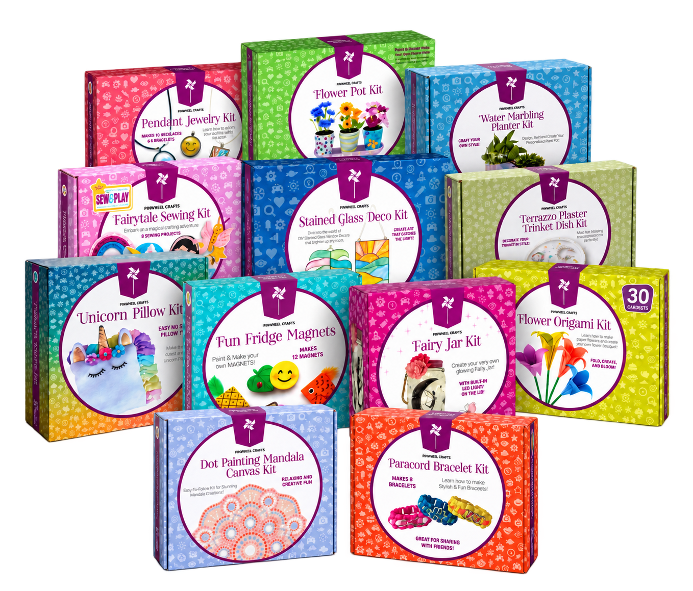 Twelve colorful Pinwheel Crafts kit boxes included in the crafts-for-a-year giveaway
